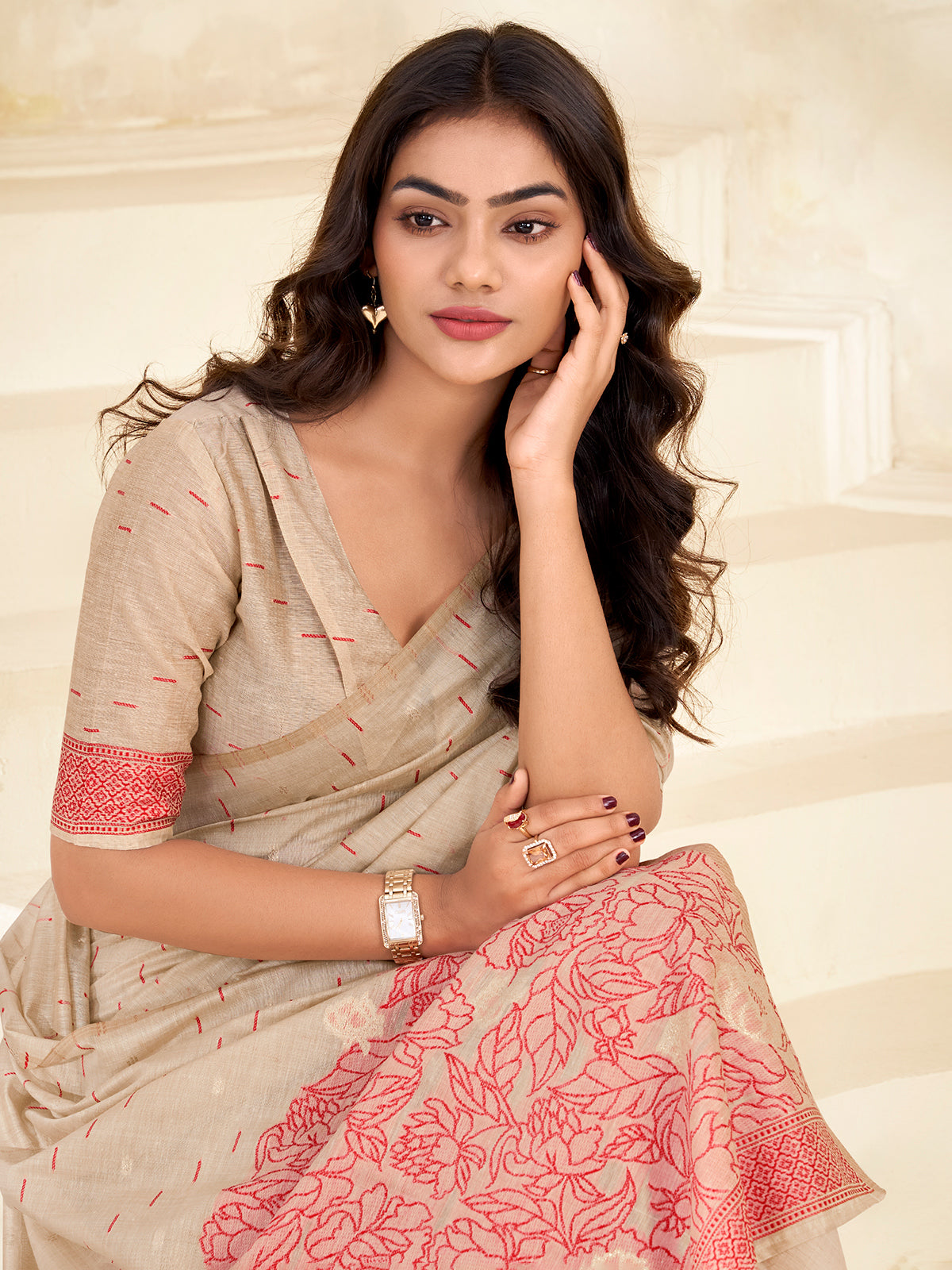 Red festive bloom saree with timeless beauty