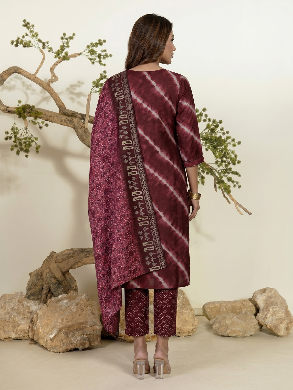 Dark brown cotton silk kurti set with thread and mirror work