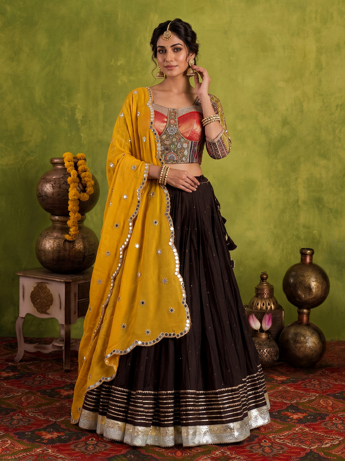 Brown cotton silk reception lehenga choli