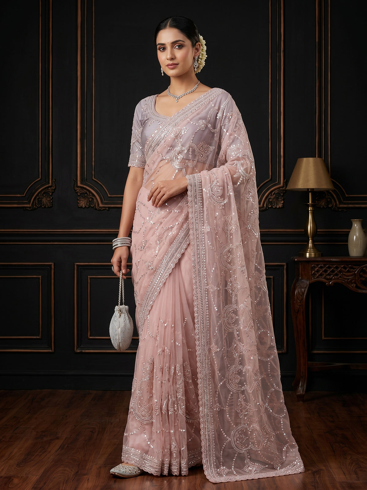 Peach tissue silk saree with beads and cutdana work