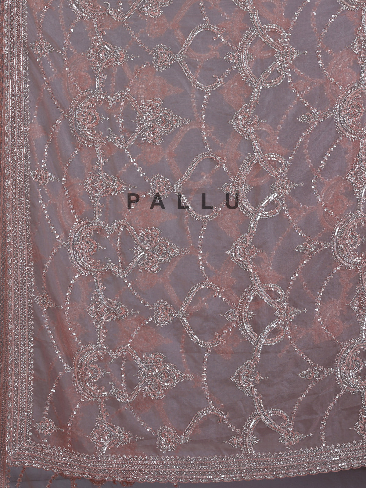 Peach tissue silk saree with beads and cutdana work