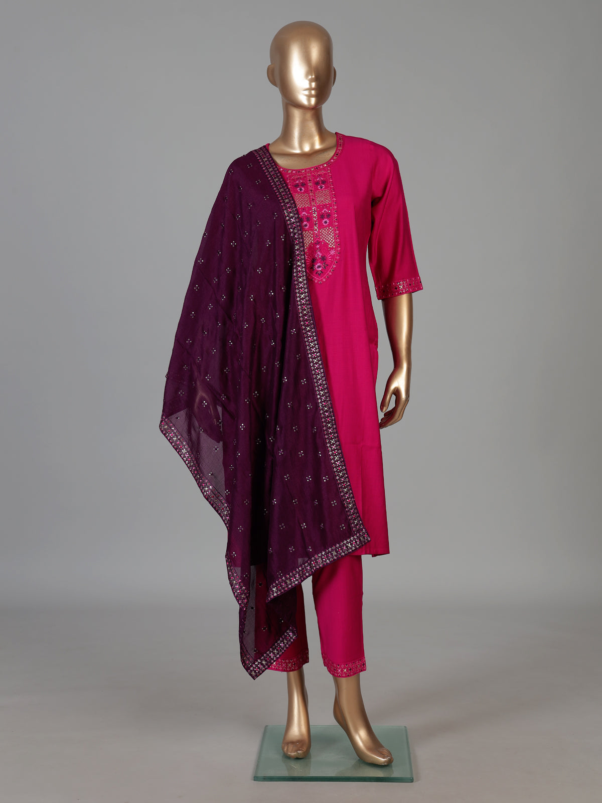 Rani pink silk festive kurti set with embroidered placket