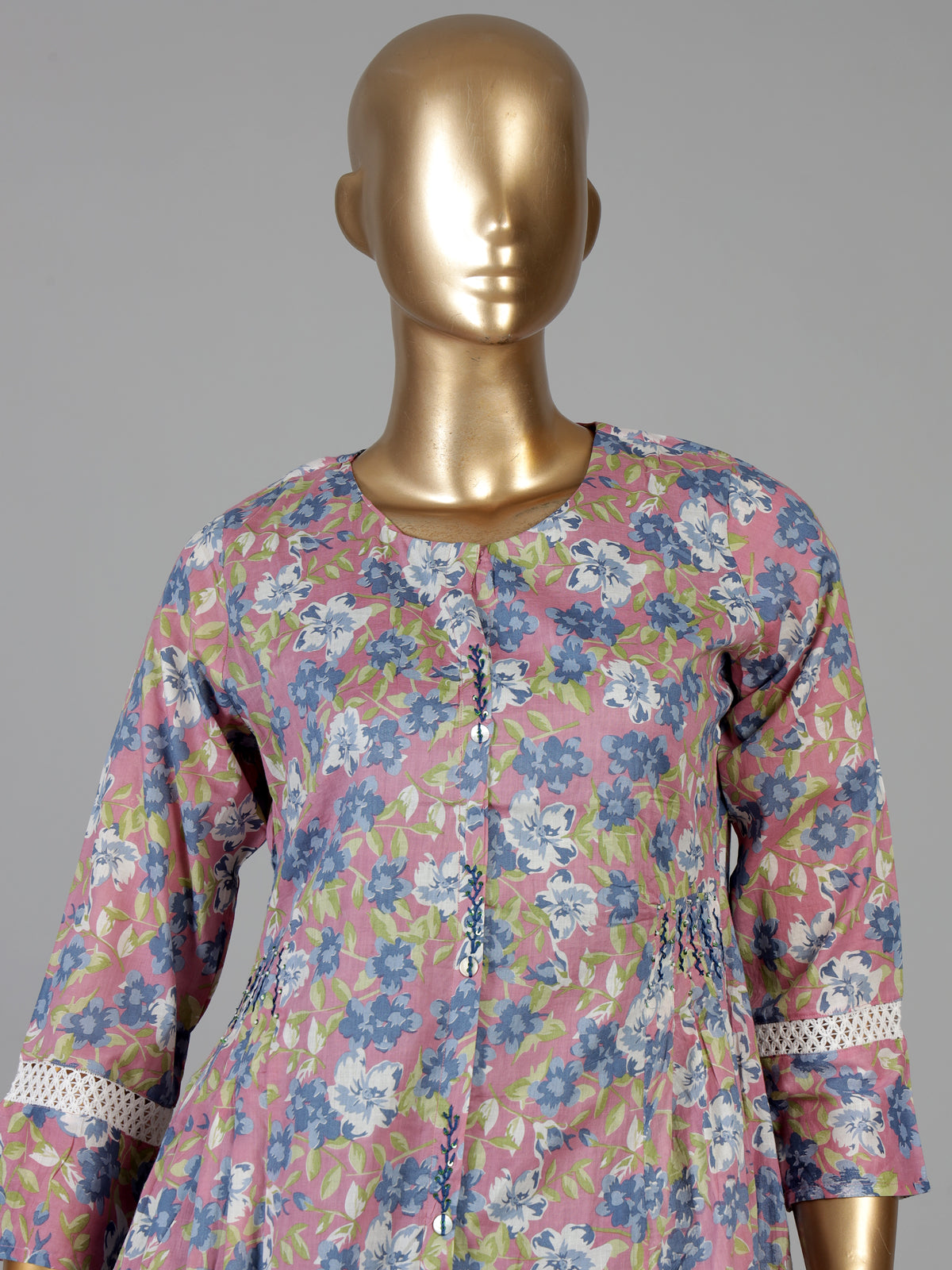 Pink floral printed A line cotton kurti set