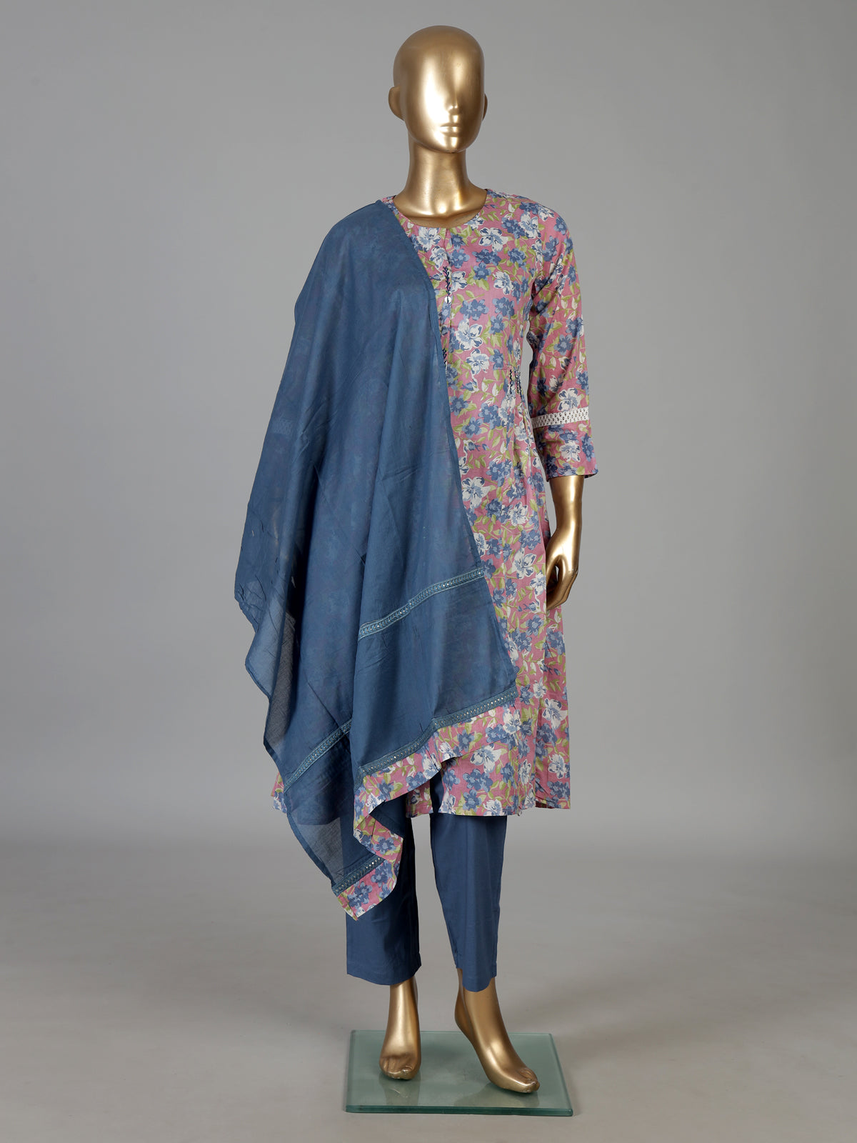Pink floral printed A line cotton kurti set