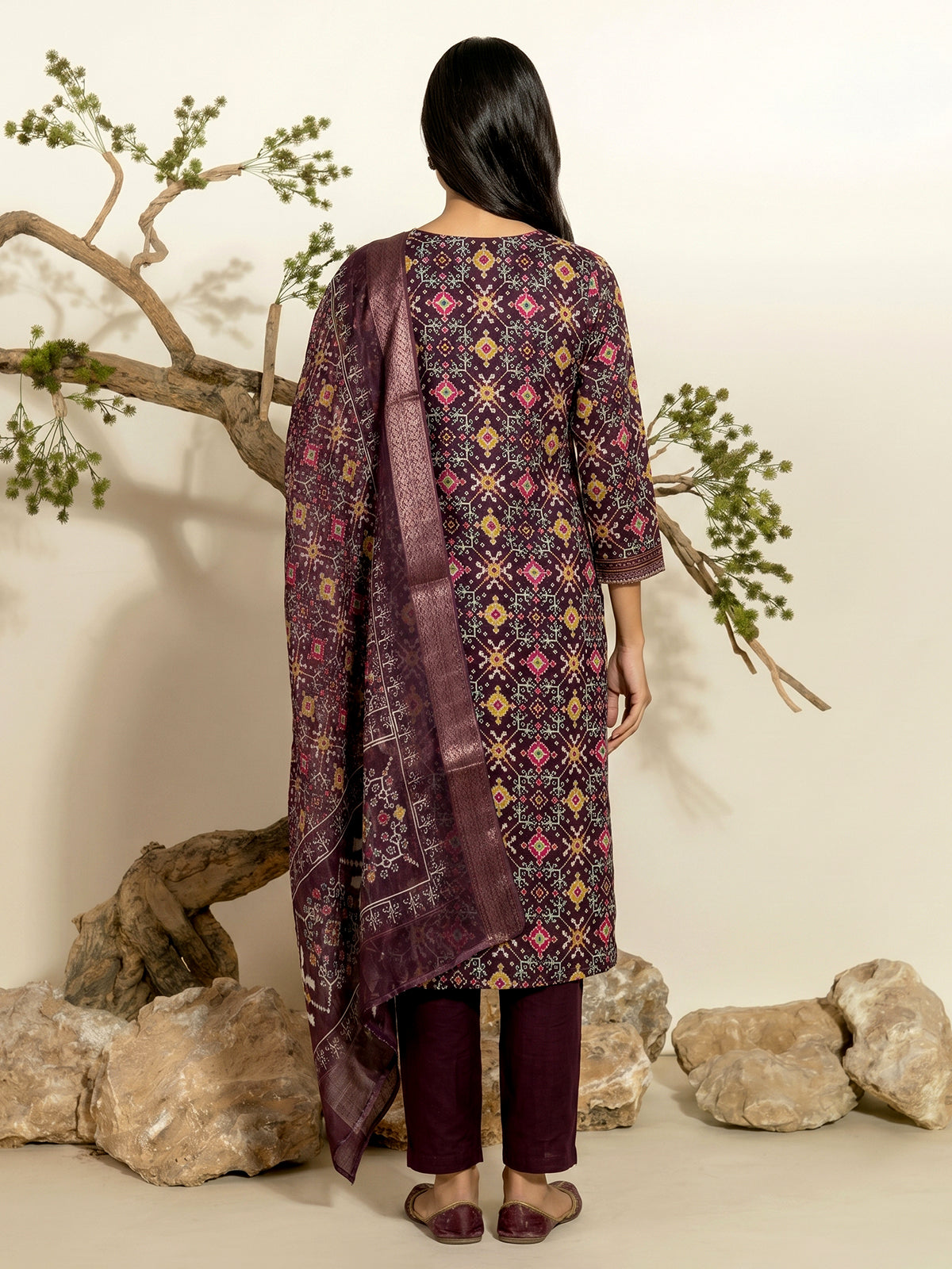 Wine silk patola print festive kurti set