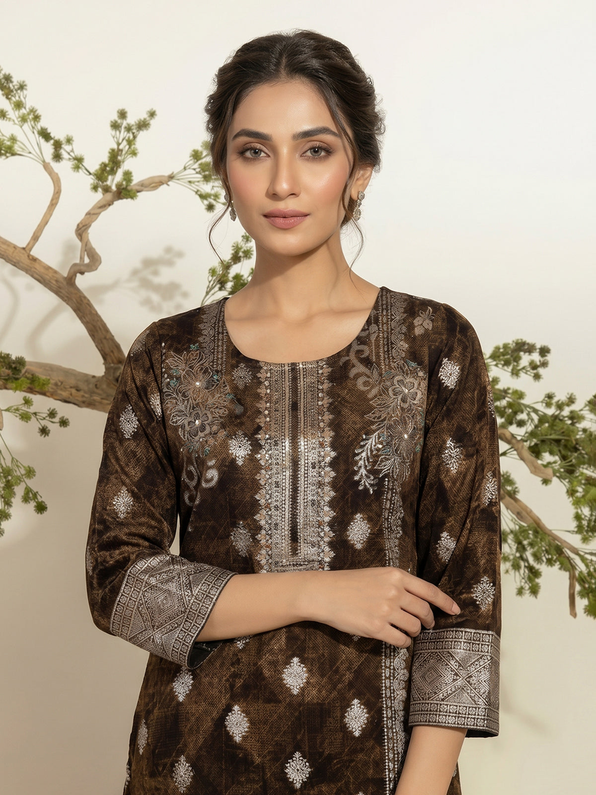 Brown silk festive kurti set with silver zari detailing