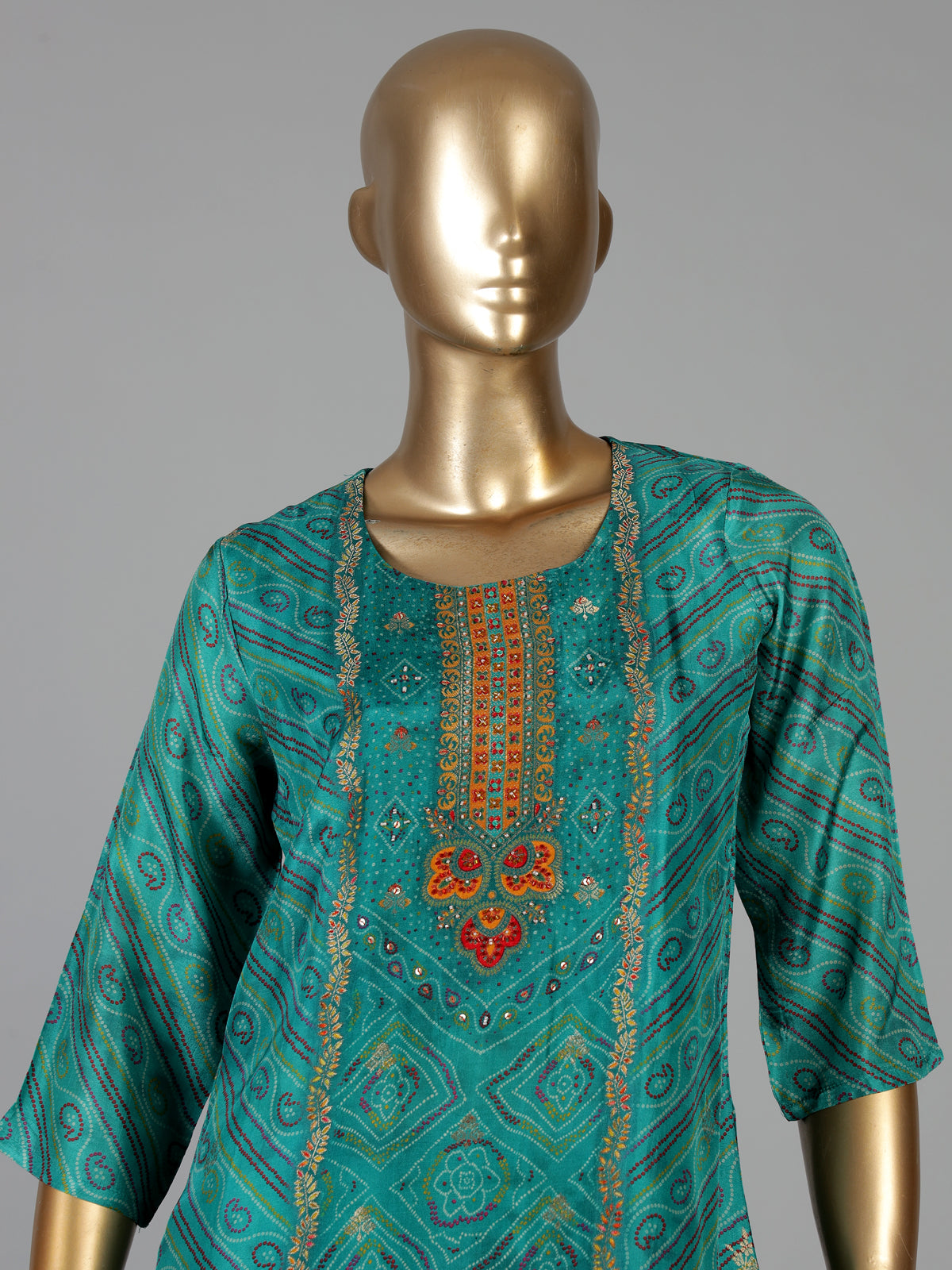Rama green silk bandhani print festive kurti set