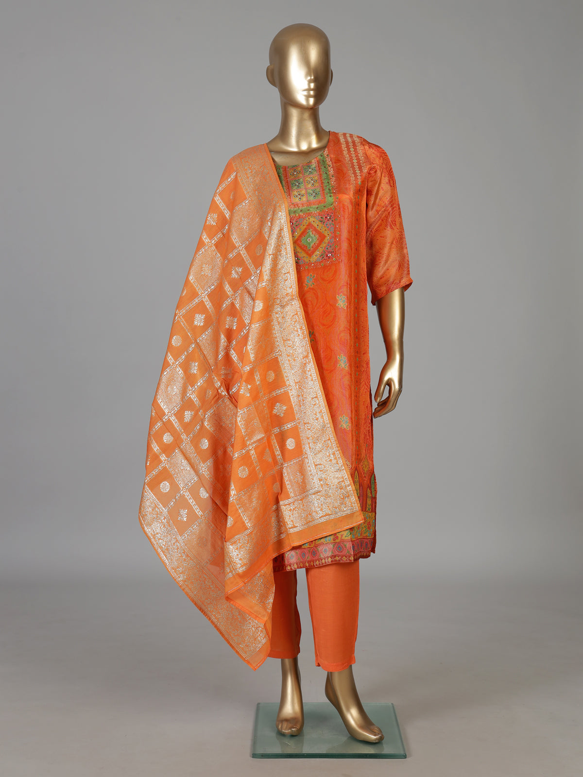 Orange silk festive kurti set with zari embellished neckline