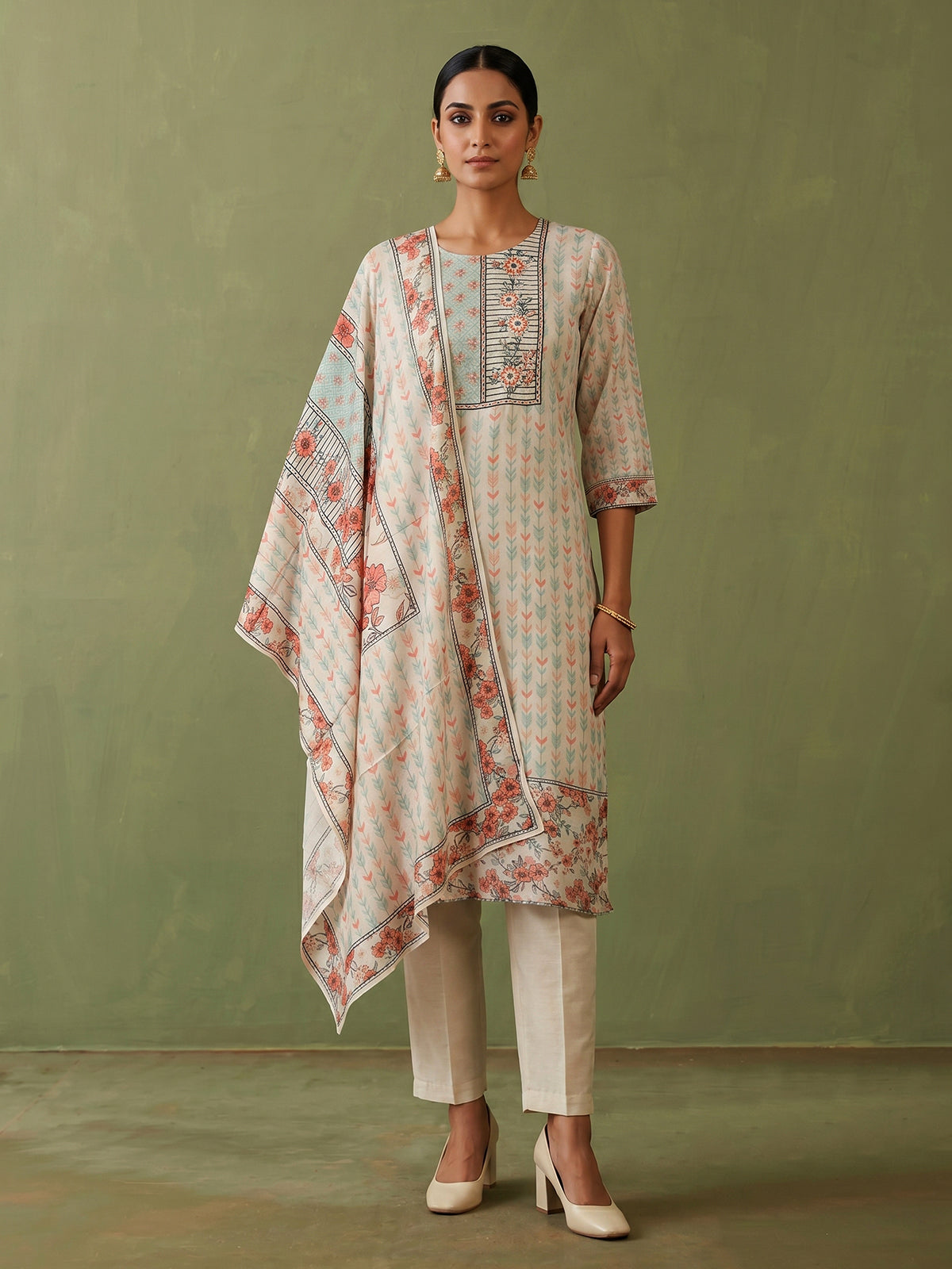 Cream geometric printed cotton kurti set with embellished yoke