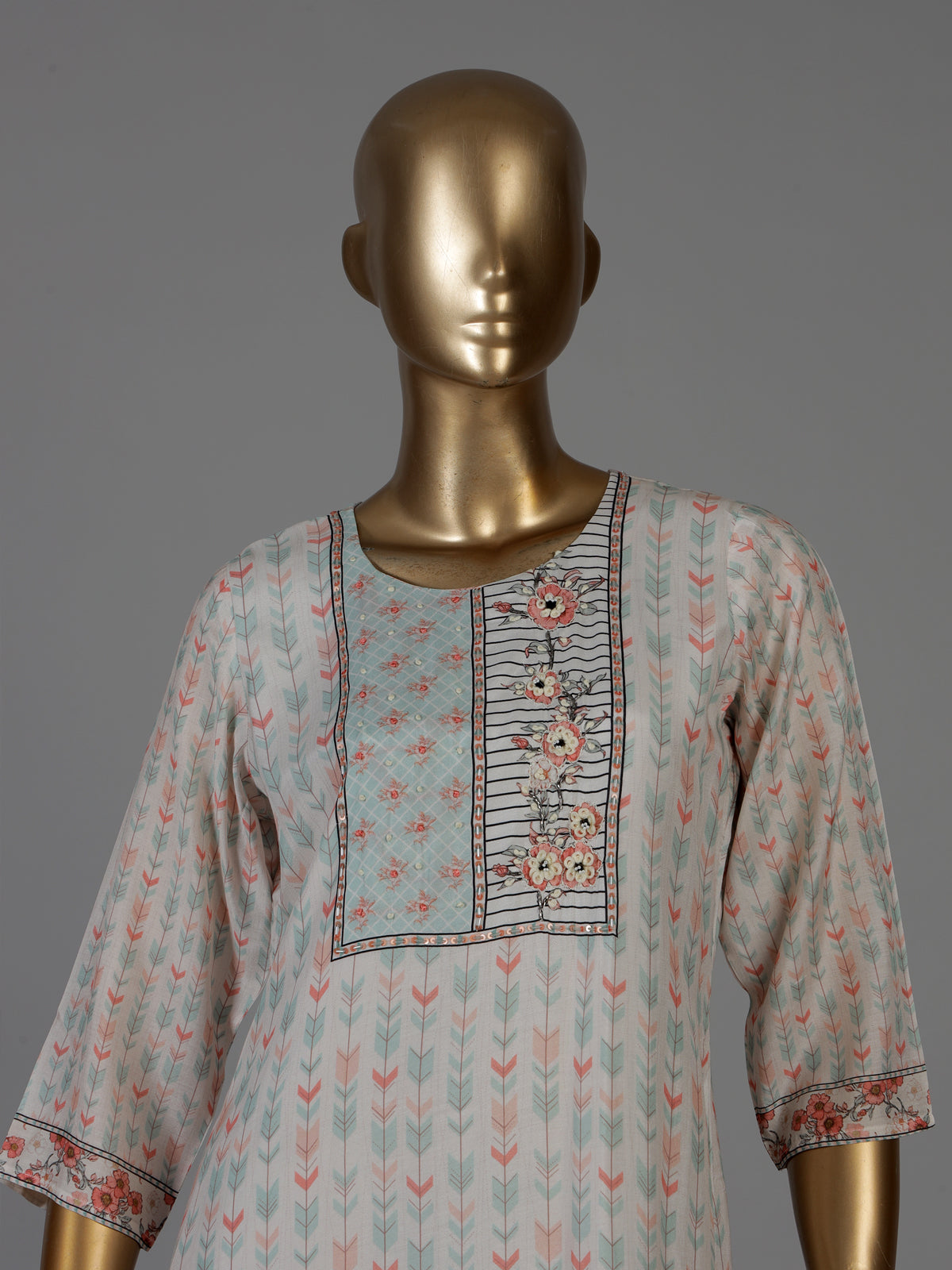 Cream geometric printed cotton kurti set with embellished yoke