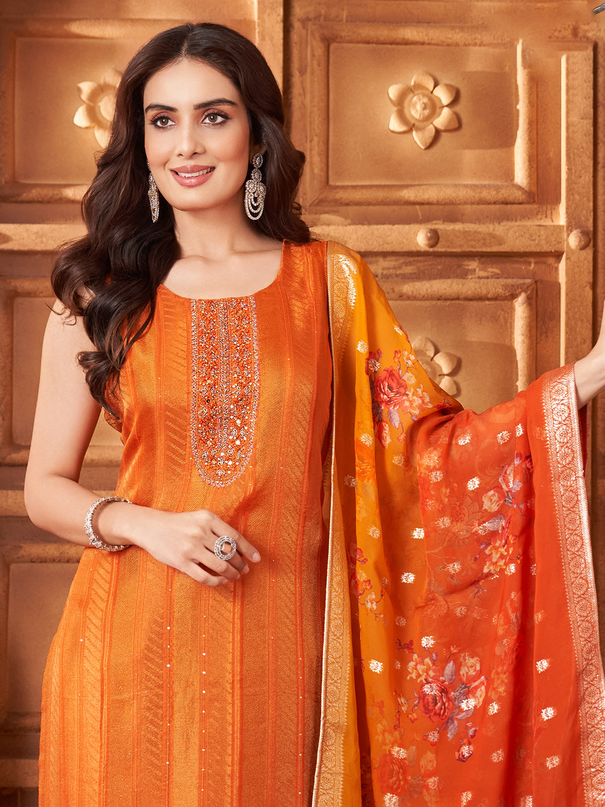 Orange silk festive salwar suit with zari work