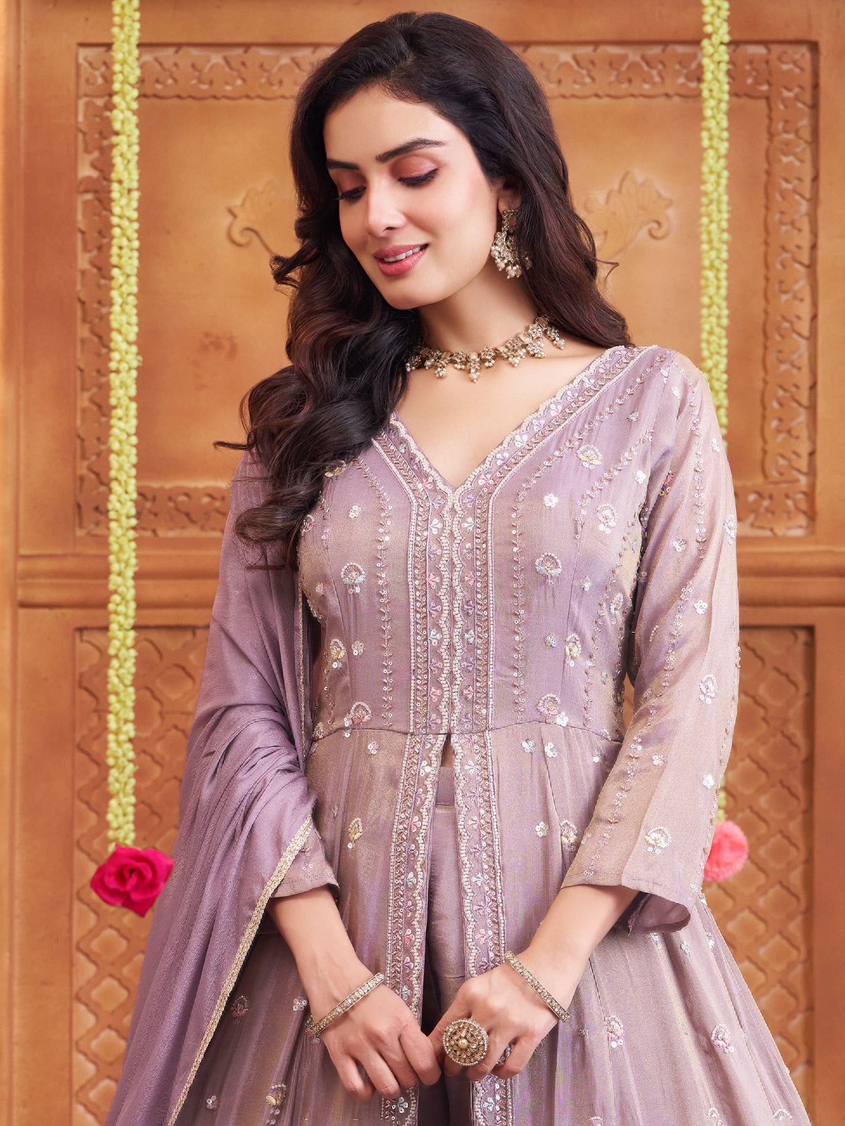 Light purple anarkali tissue silk festive wear suit