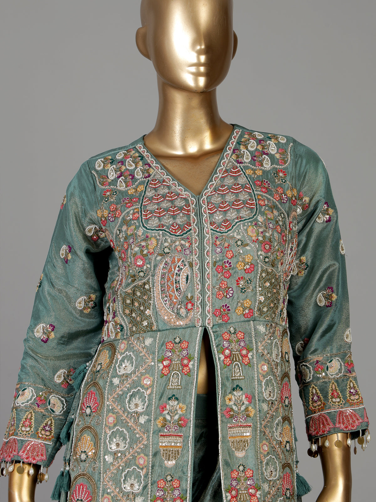 Teal sea green embroidered silk palazzo suit