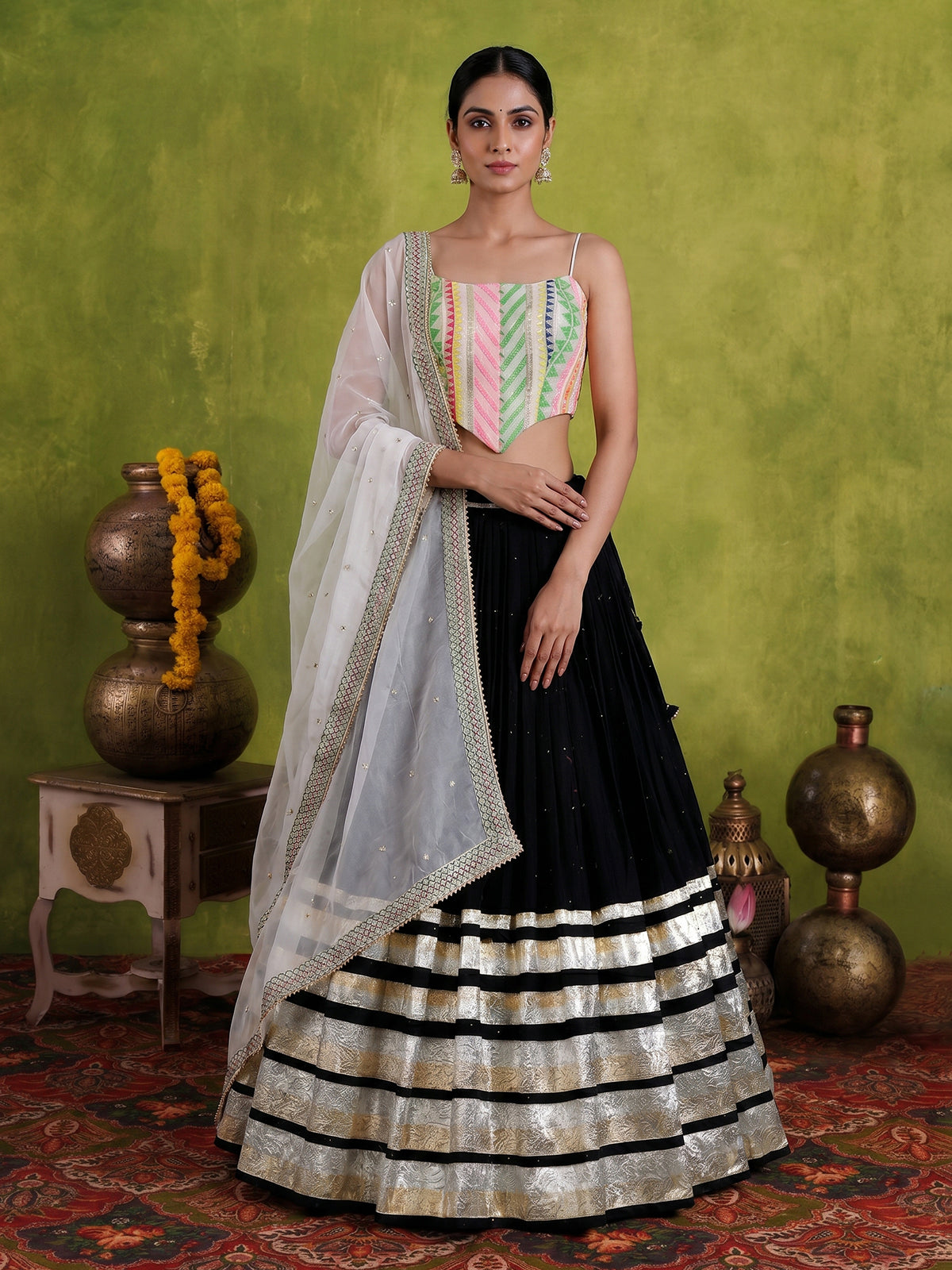 Black tissue silk navratri wear lehenga choli with sleeveless choli