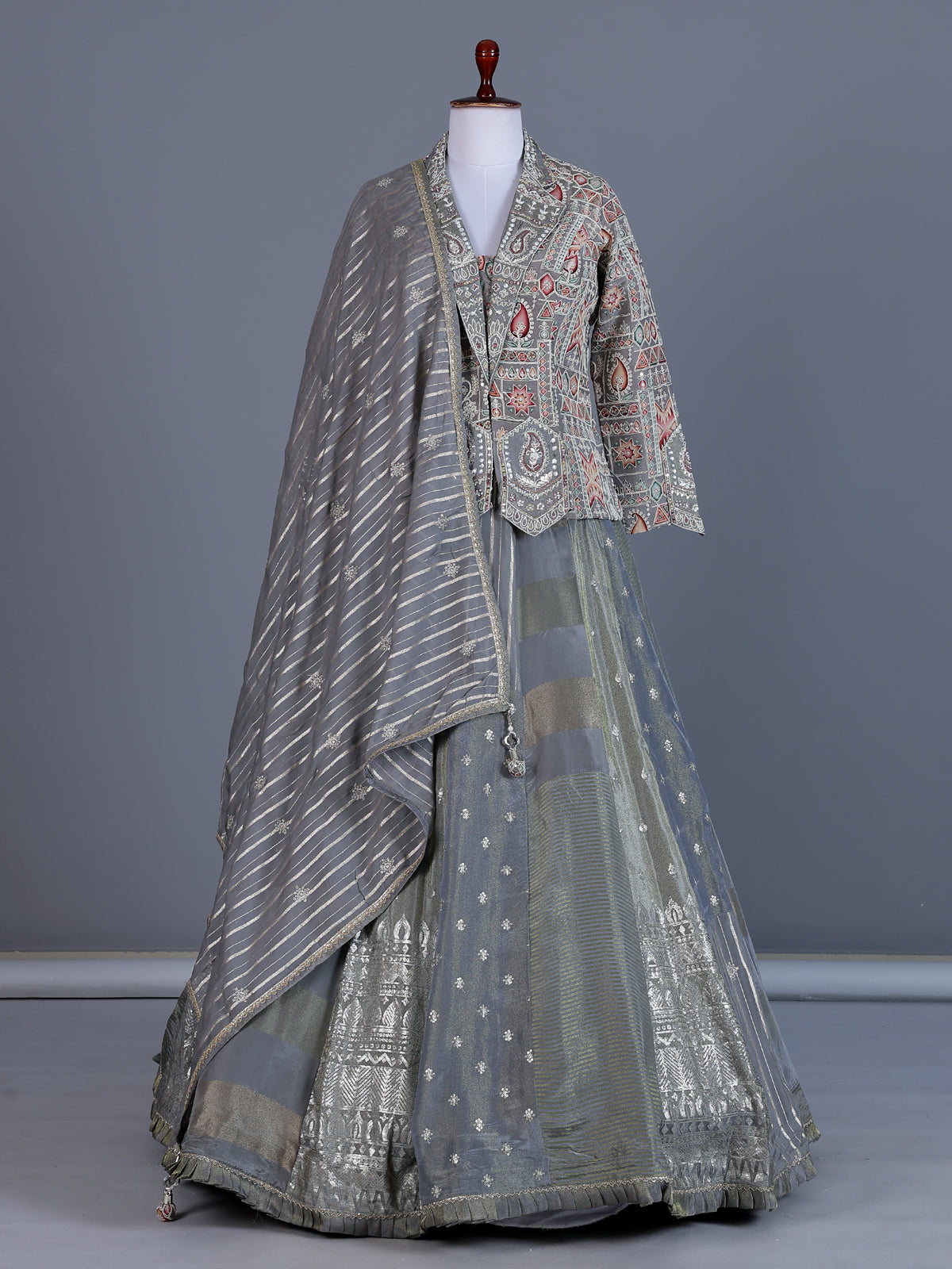 Grey Indo-western jacquard lehenga choli with jacket