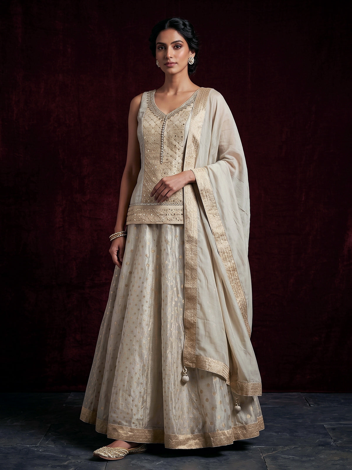 Beige jacquard embellished lehenga choli with tissue dupatta