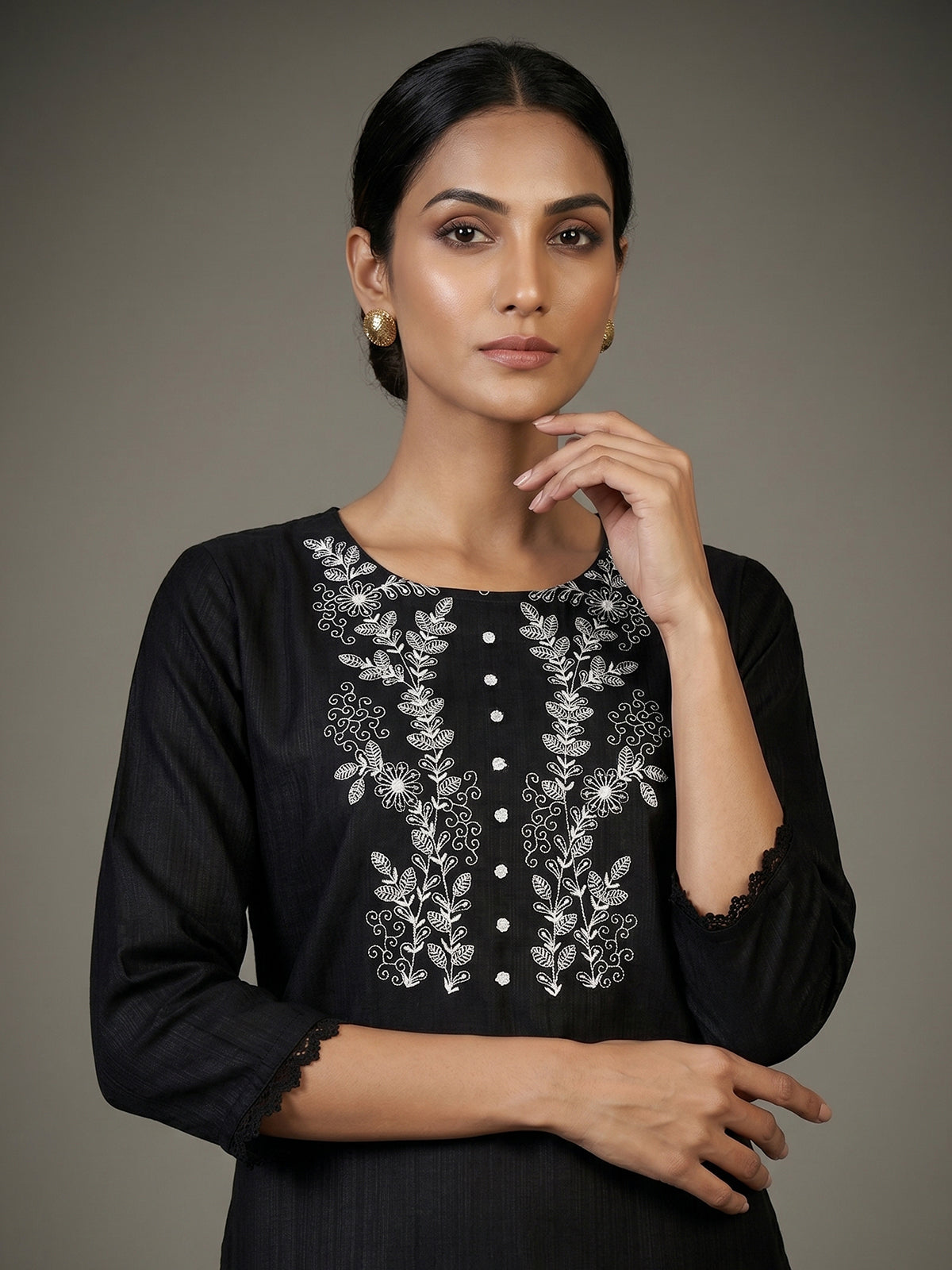 Black cotton silk kurti set with dupatta