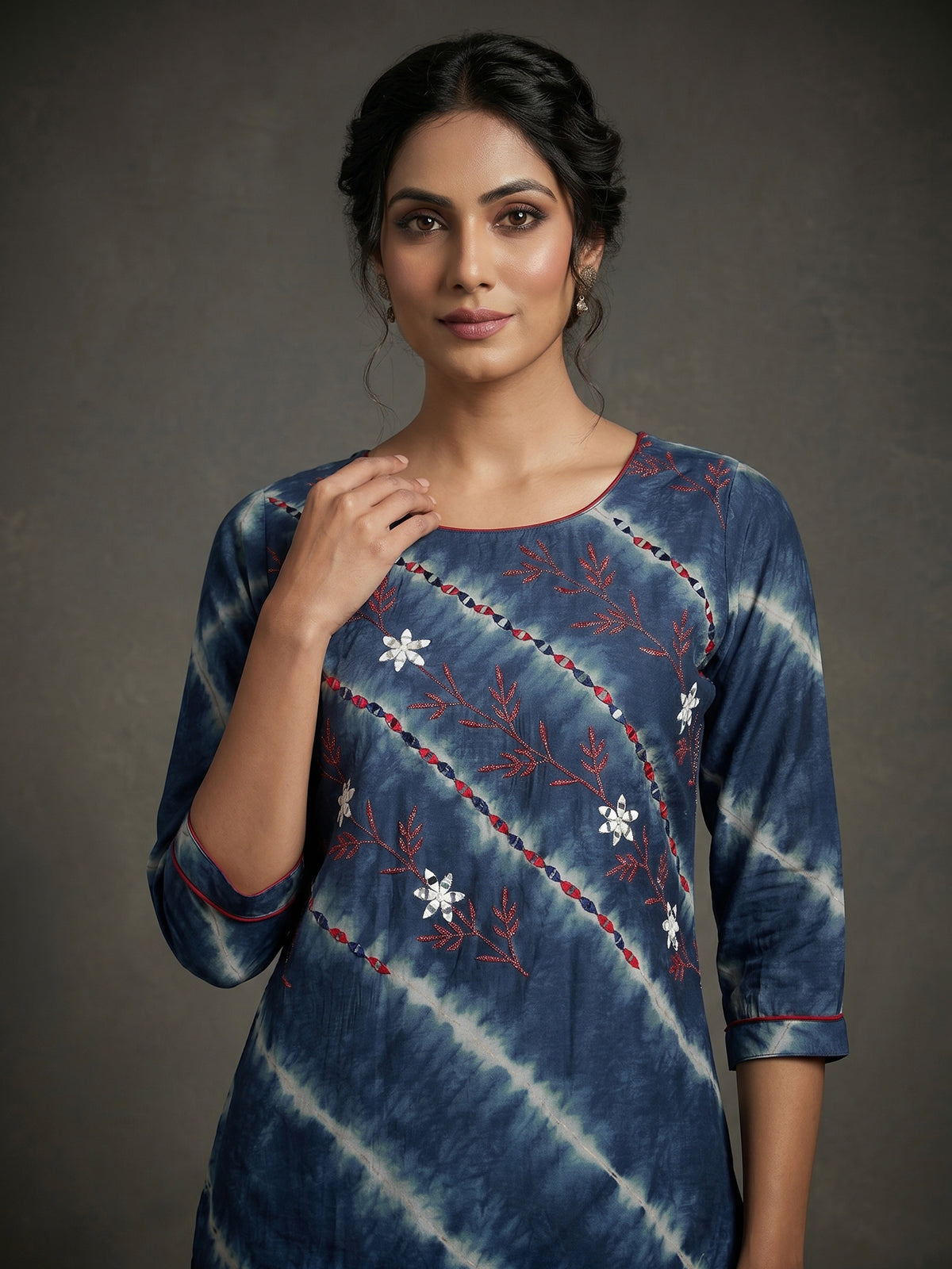 Navy cotton silk festive wear kurti set with print