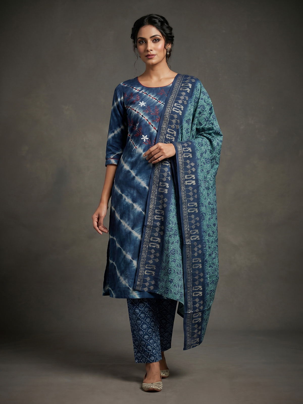 Navy cotton silk festive wear kurti set with print