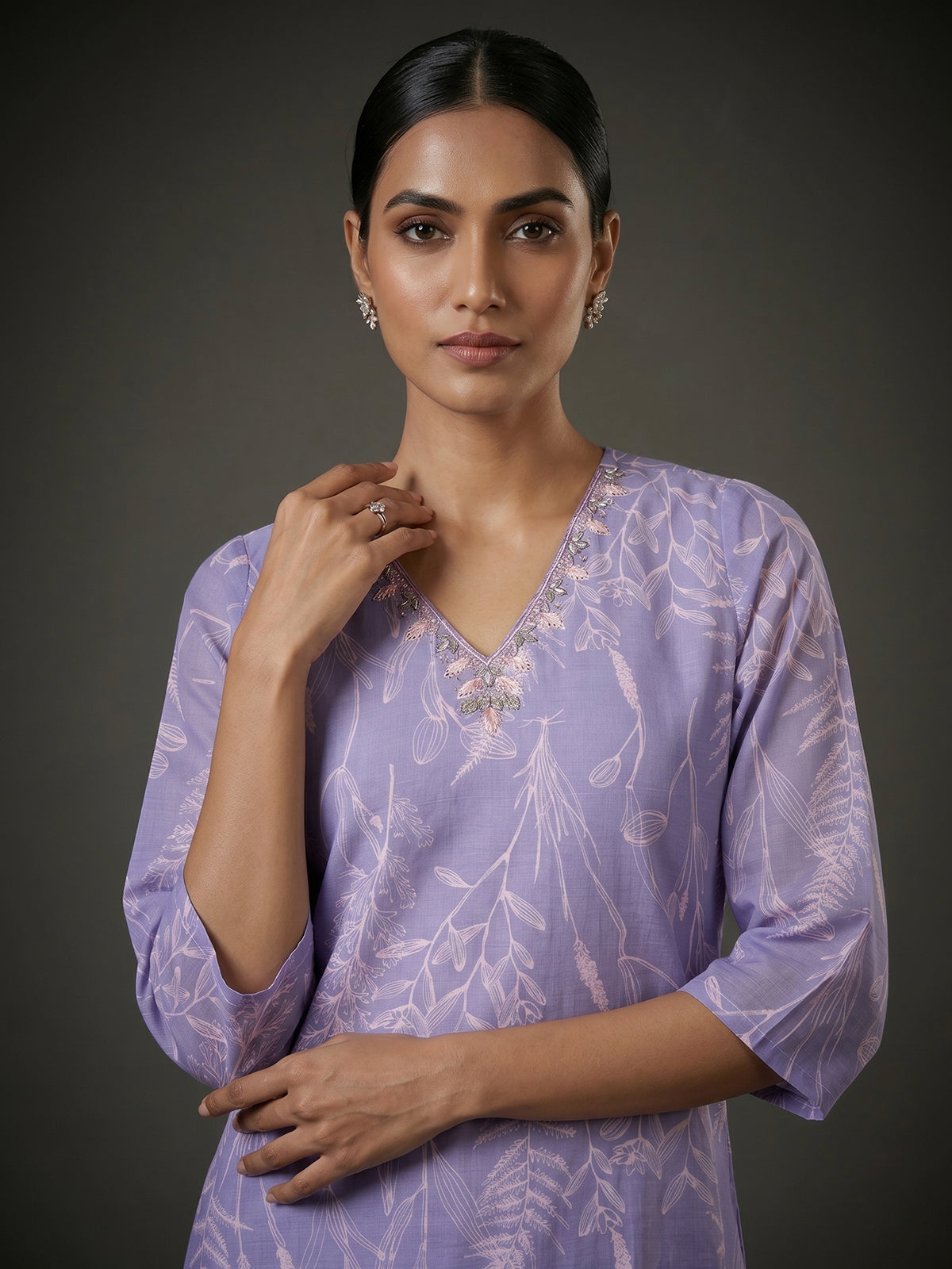 Light lavender cotton silk kurti set with printed dupatta