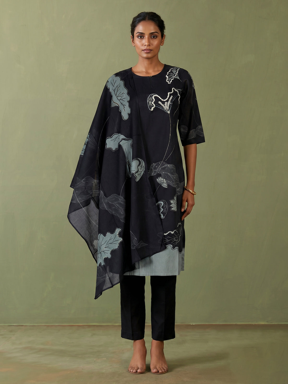 Black cotton festive wear kurti set with dupatta