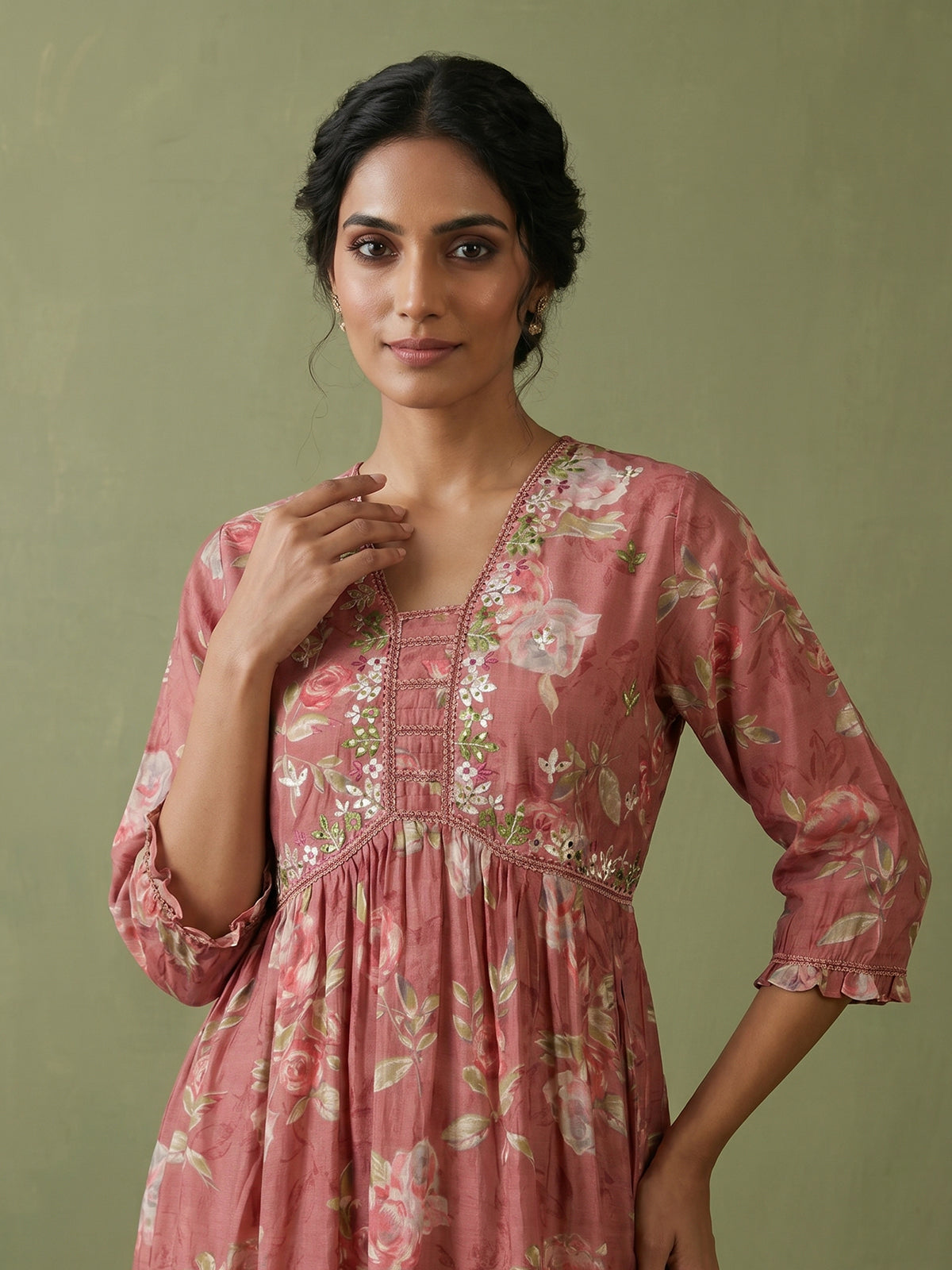 Onion pink cotton silk nyra cut kurti set