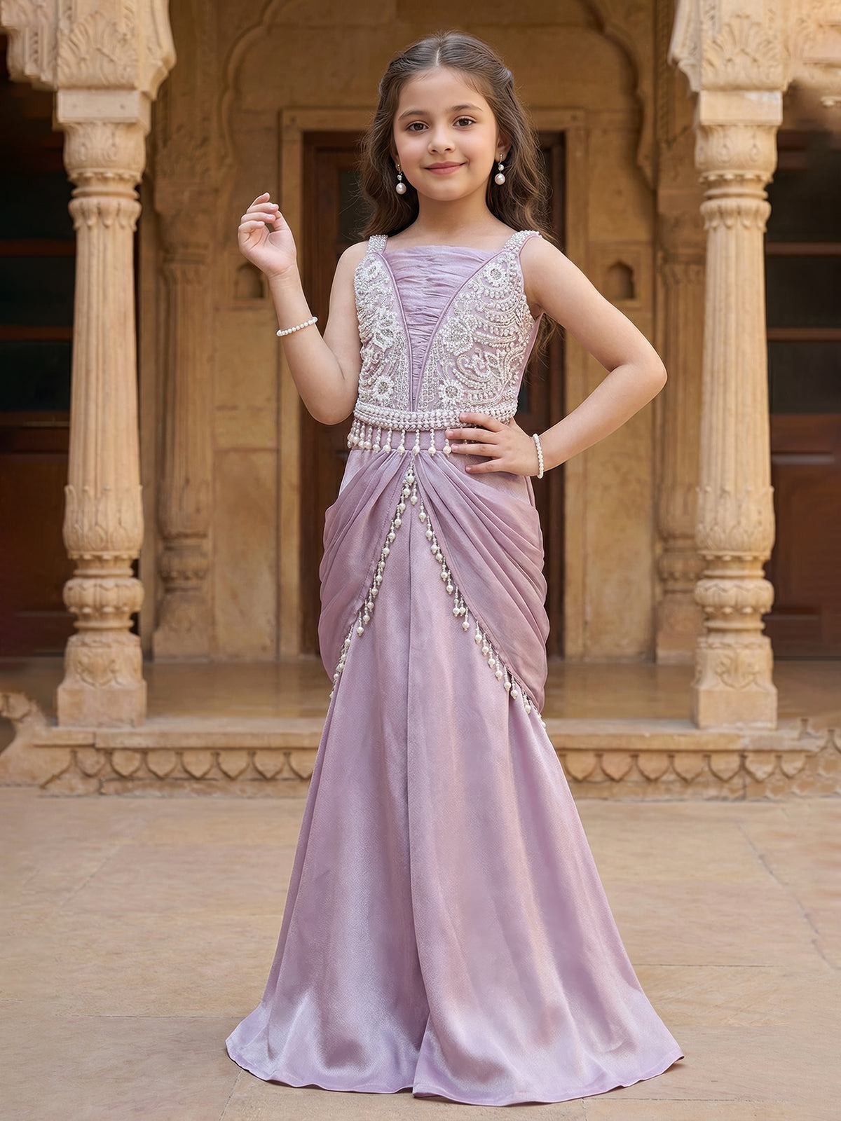 Pink crepe silk fusion palazzo suit with overlay