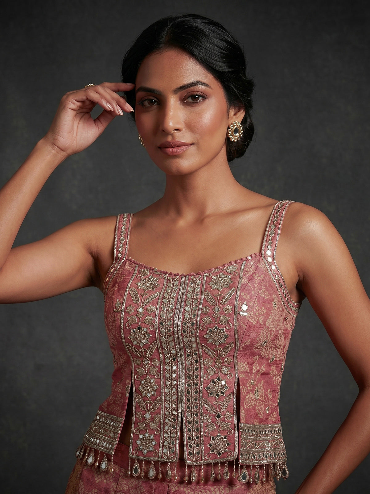 Onion pink floral designer palazzo suit with dupatta