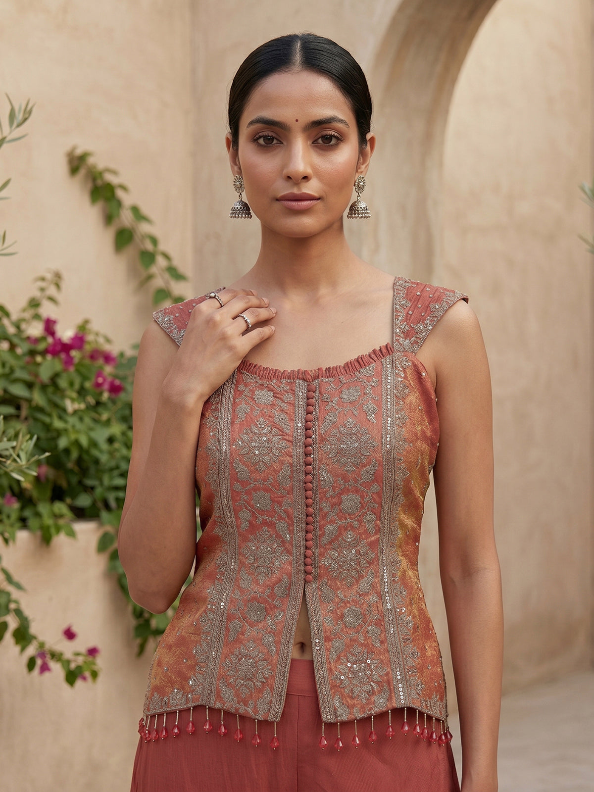 Onion pink satin silk designer palazzo suit