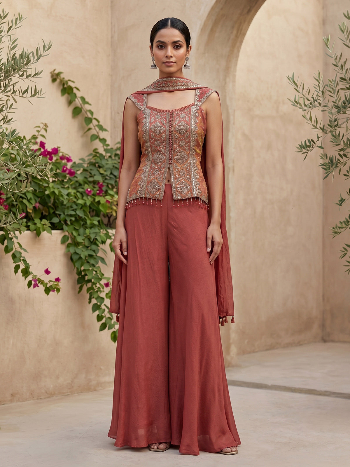 Onion pink satin silk designer palazzo suit