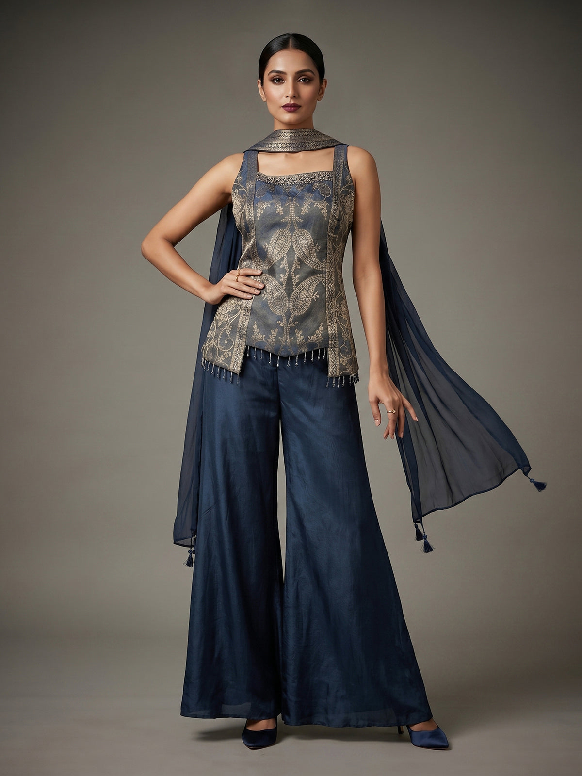Pastel blue silk embellished palazzo suit with dupatta