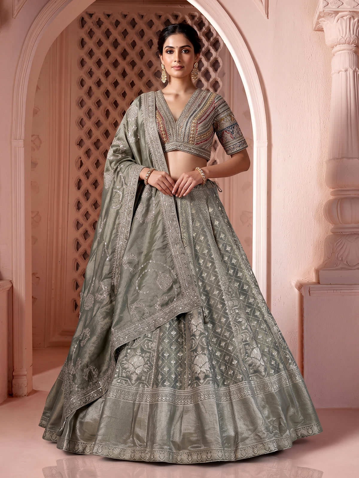 Pastel grey banarasi silk embellished lehenga choli