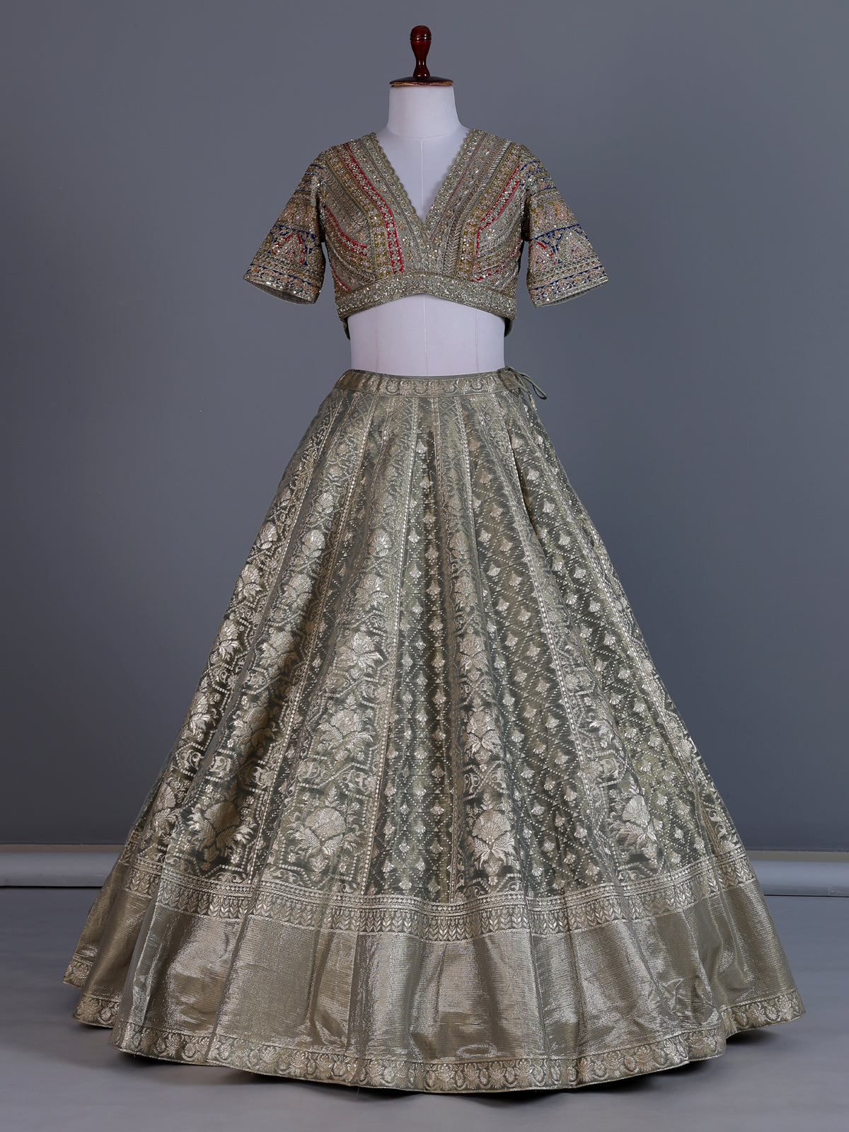 Pastel grey banarasi silk embellished lehenga choli