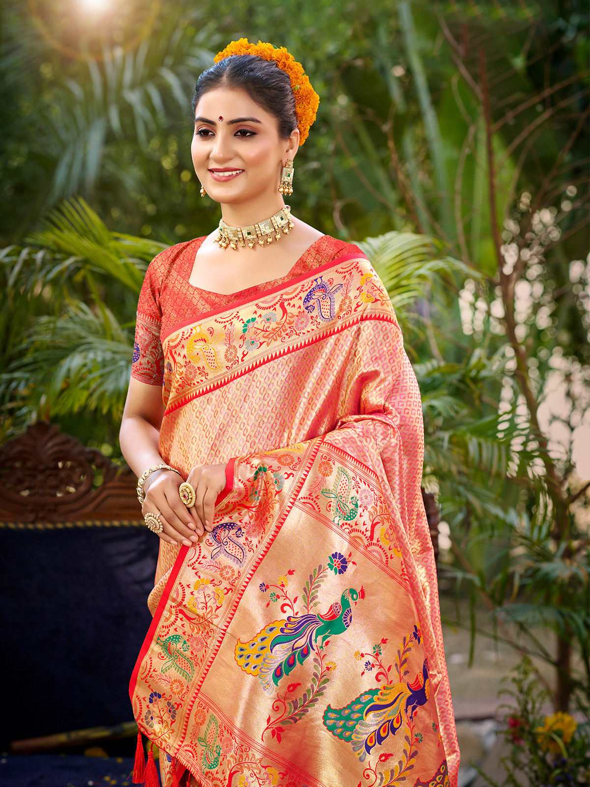 Regal pastel red meenakari zari kanchan silk saree