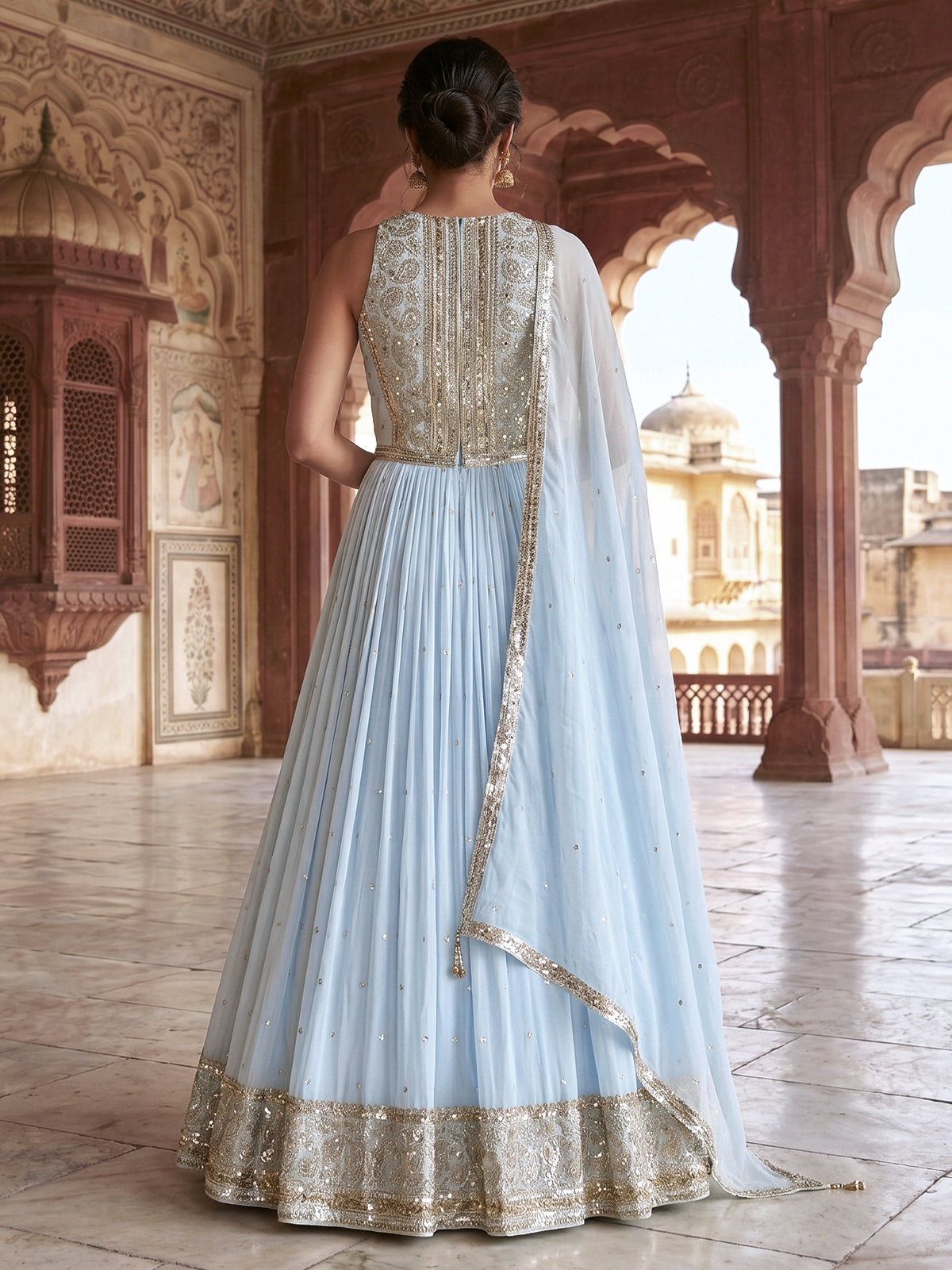 Sky blue georgette anarkali suit with elegant dupatta