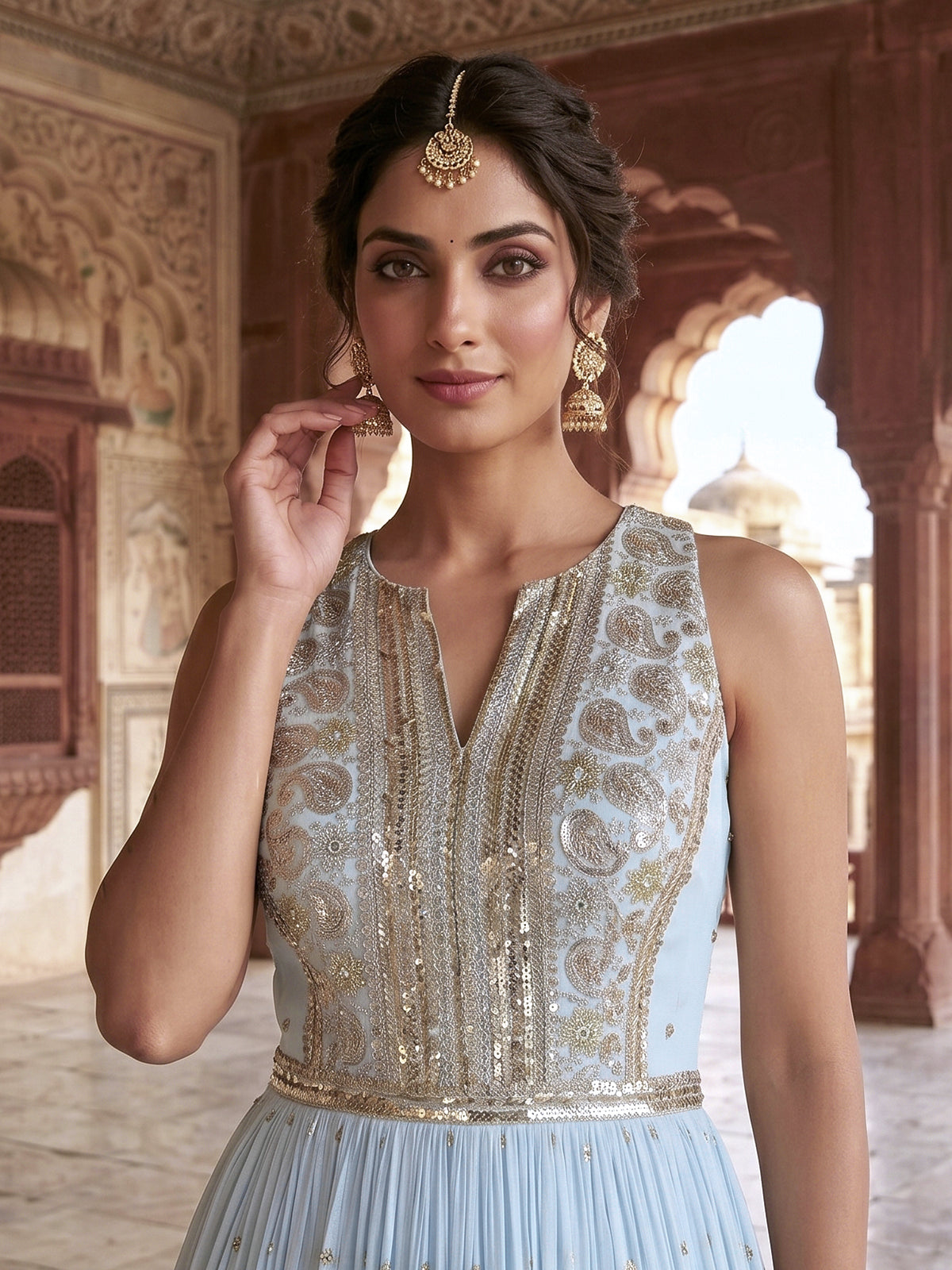 Sky blue georgette anarkali suit with elegant dupatta