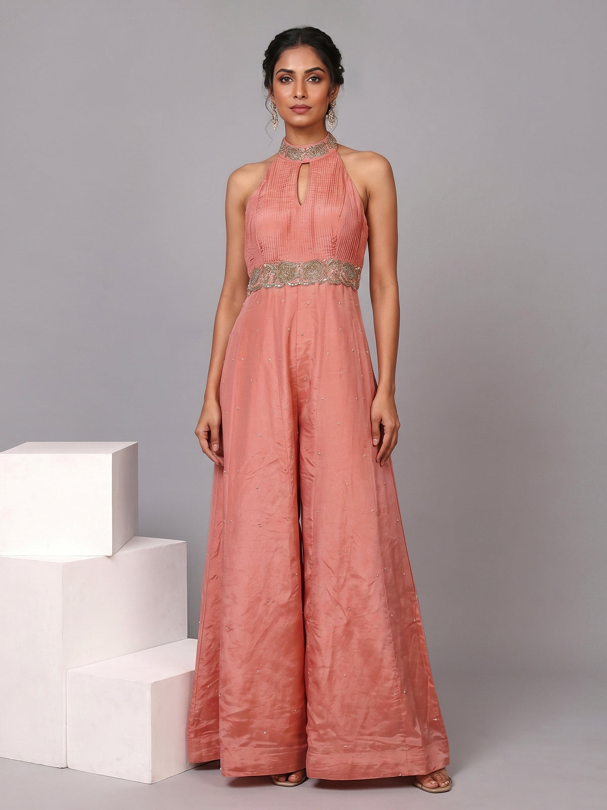 Peach silk designer halter neck festive jumpsuit
