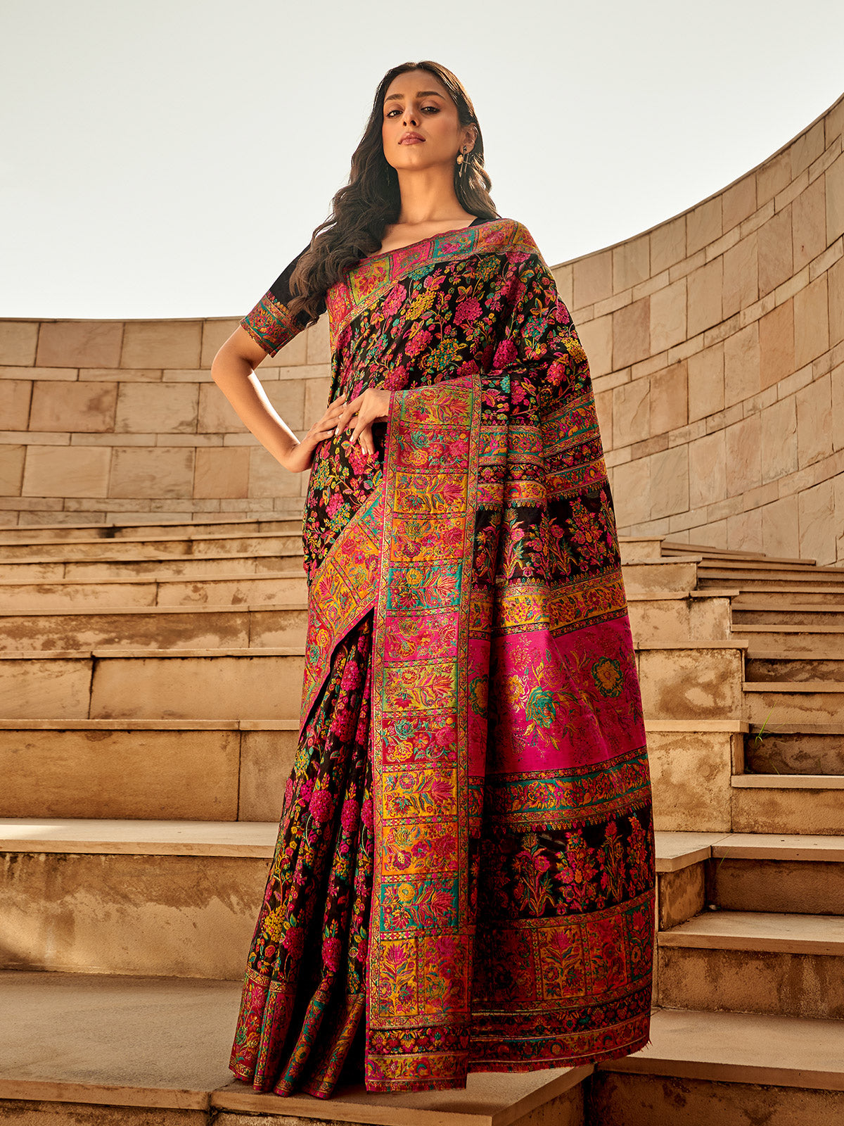 Artistic black kashmiri hand woven modal silk saree