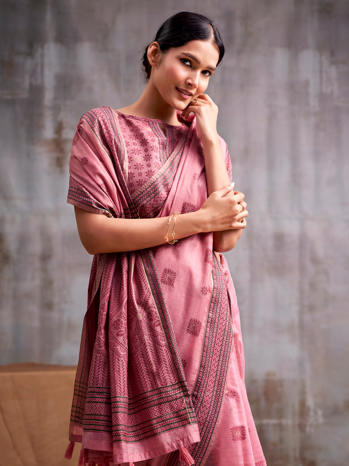 Bloom pink cultural charm modal cotton saree