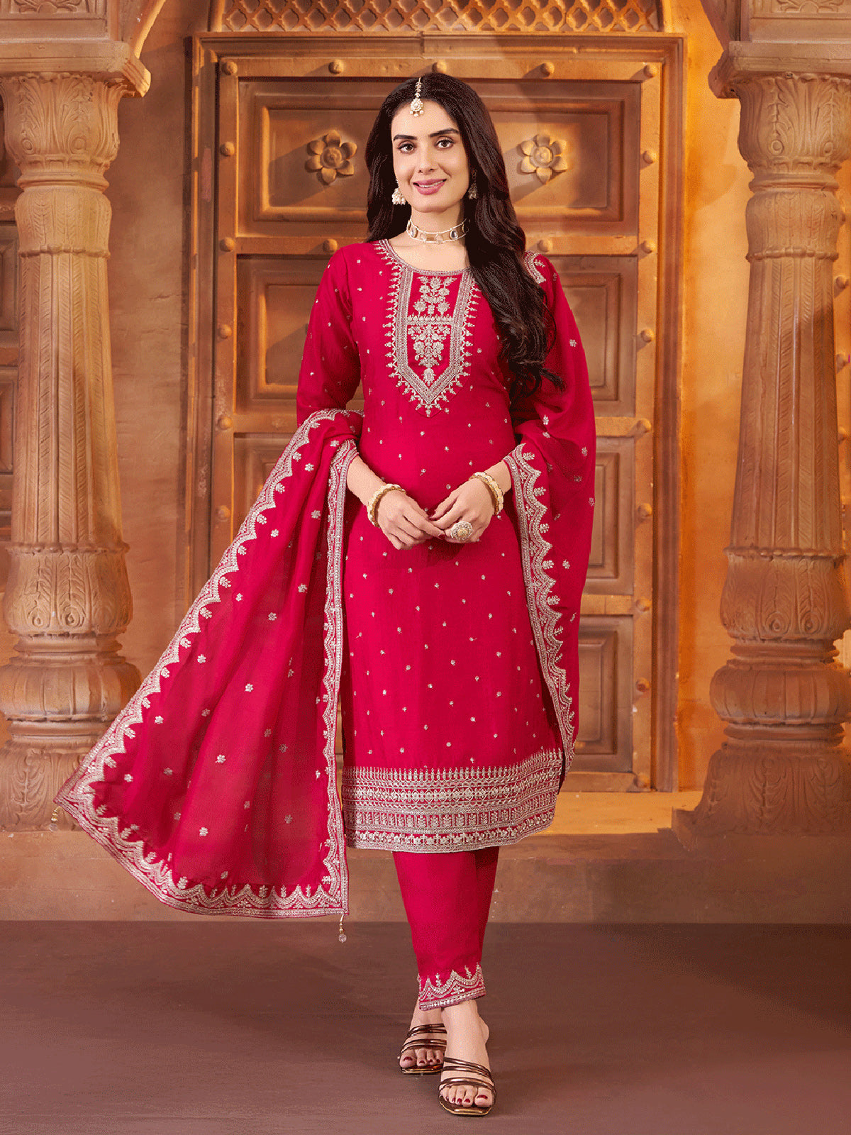 Rani pink chanderi silk festive royal salwar suit