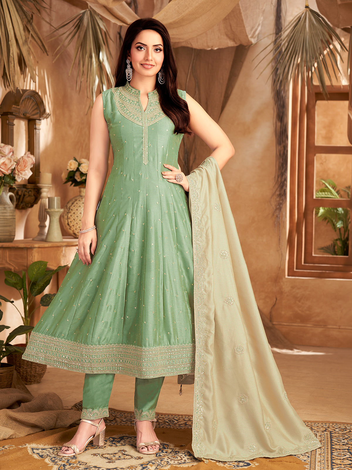 Mint green slub silk sleeveless embroidered anarkali suit