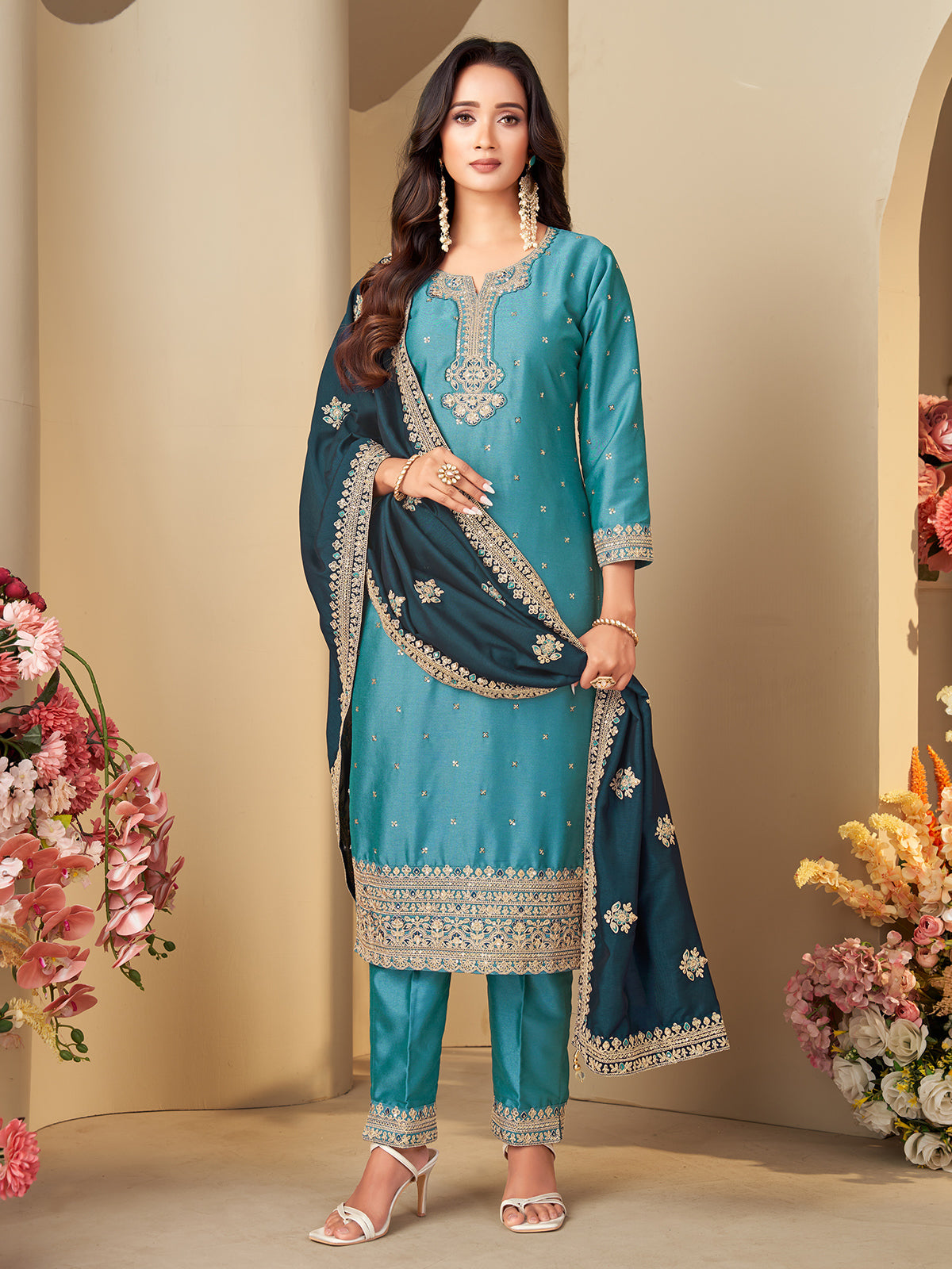 Sky blue silk elegant embroidered straight cut salwar suit