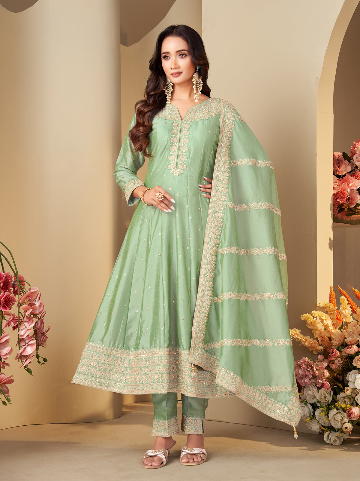 Pista green slub silk elegant embroidered anarkali suit