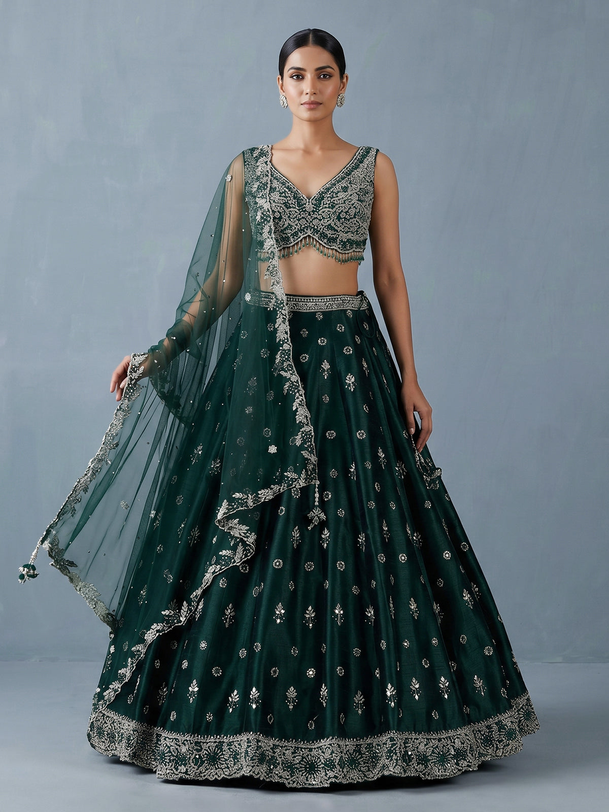 Bottle green raw silk designer lehenga choli