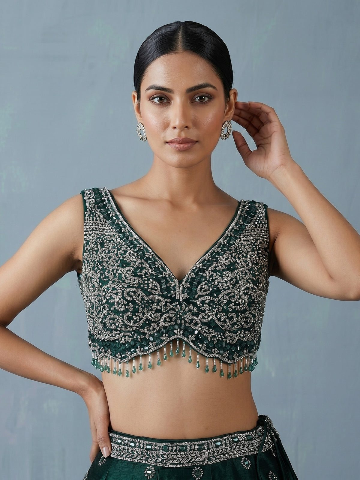 Bottle green raw silk designer lehenga choli