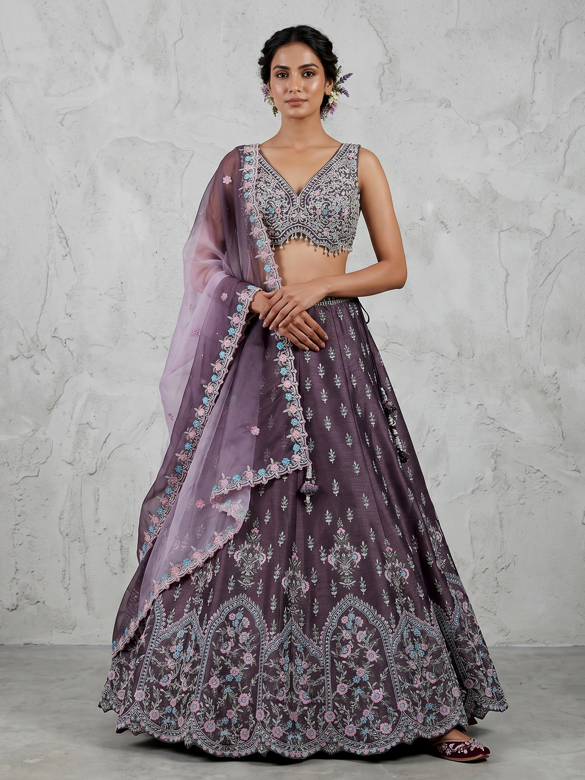 Purple raw silk floral motif lehenga choli design