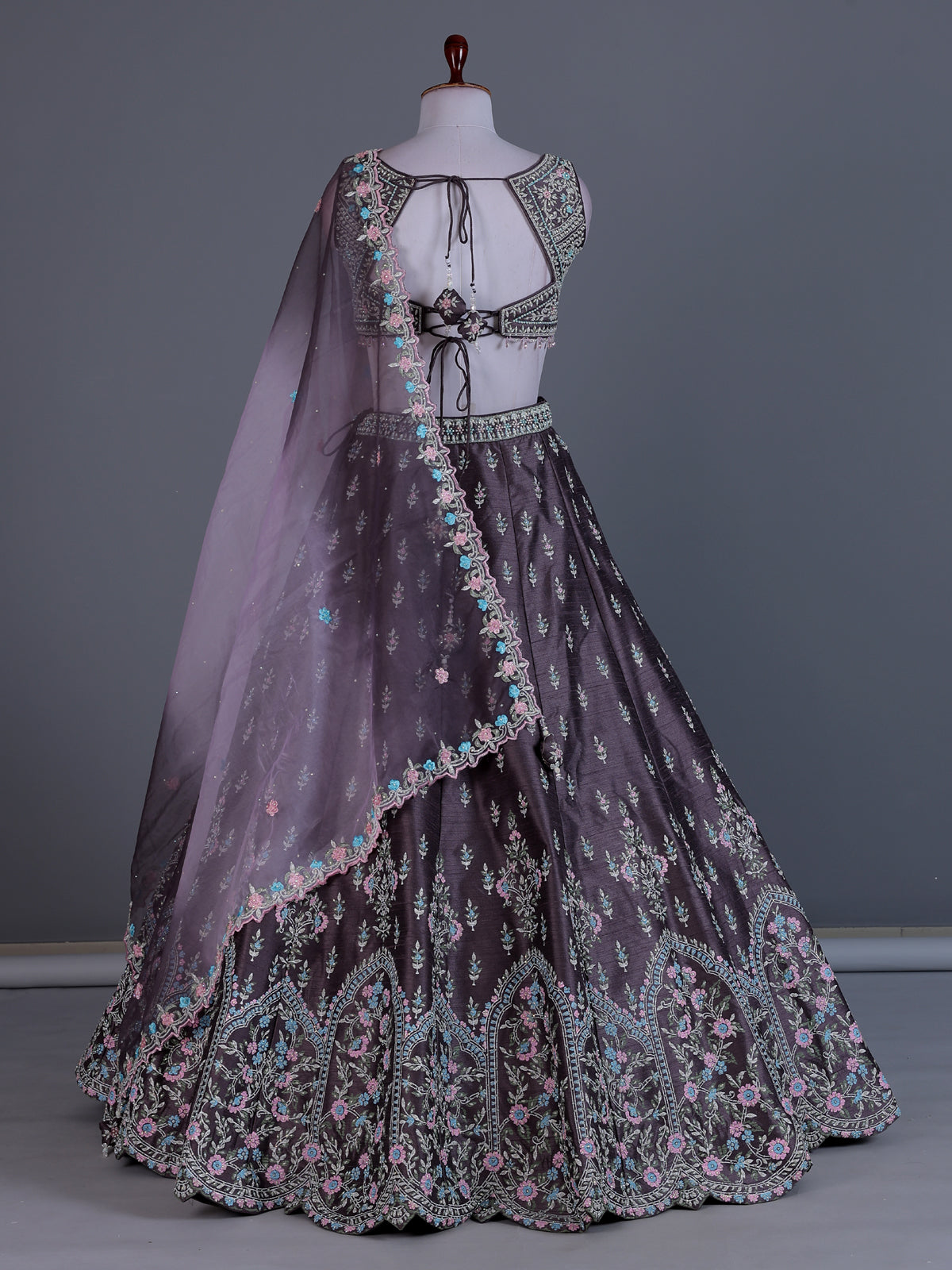 Purple raw silk floral motif lehenga choli design