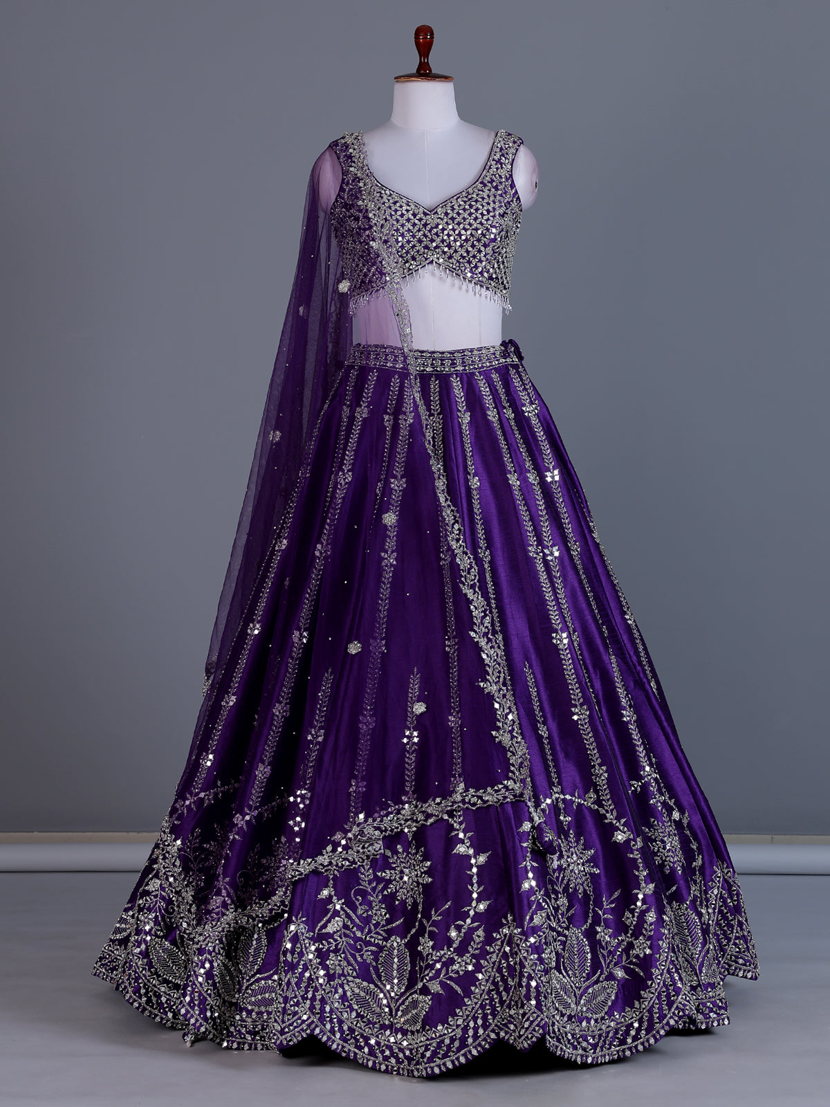 Violet raw silk embroidered lehenga choli with dupatta