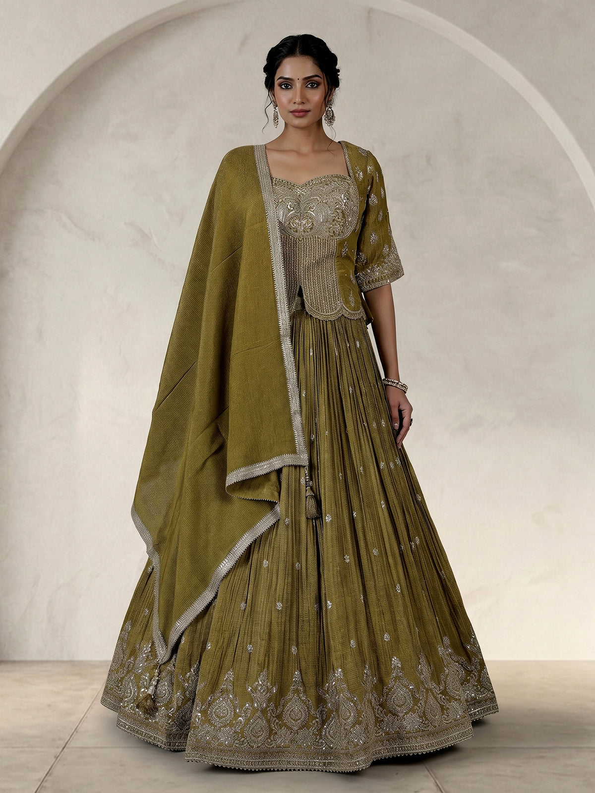Mehendi green chiffon designer lehenga choli ensemble