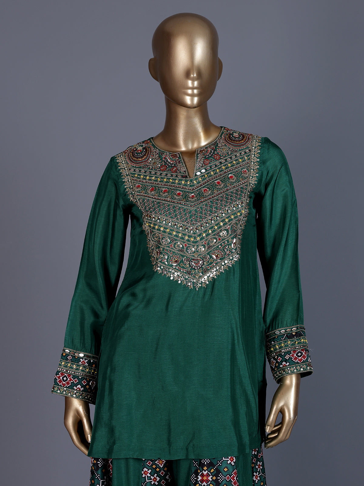 Dark green embroidered silk palazzo suit with printed dupatta